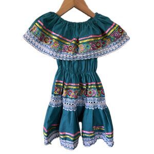 Vintage Girls Frill Bardot Floral Embroidered Crochet Lace Trim Tiered Dress 3/4